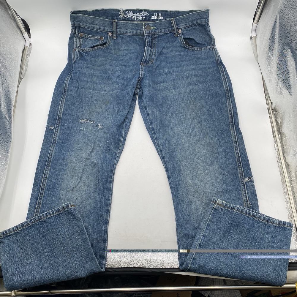 Wrangler Retro Jeans‎ Men's 38x32 Slim Straight Western Cowboy Blue Denim Holes